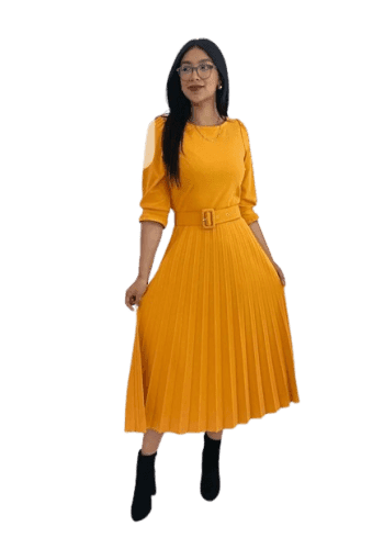 Vestido  largo color Mostaza talla Chica  estilo Tableado