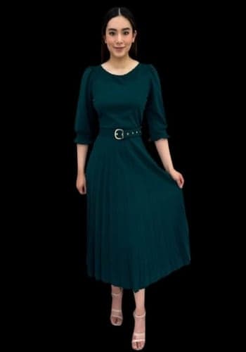 Vestido  largo color Verde botella  talla Grande  estilo Tableado