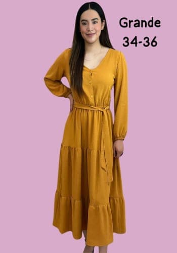 Vestido  largo color Mostaza talla Grande  estilo Doble olan