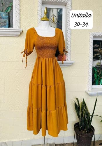 Vestido  largo color Mostaza talla Unitalla estilo Olanes 