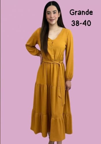 Vestido  largo color Mostaza talla Grande  estilo Olanes 